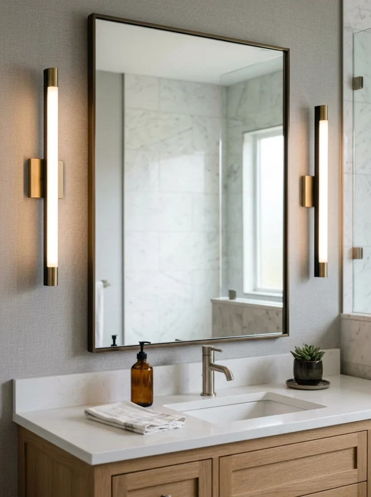 Bathroom mirror illuminated by wall sconces mounted on both sides.