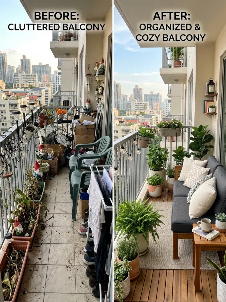 Cluttered versus organized budget balcony comparison.
