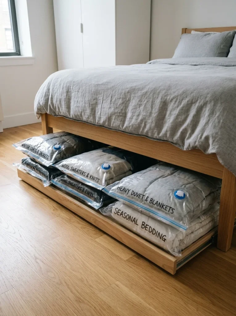 Vacuum-sealed bags storing seasonal clothes efficiently.