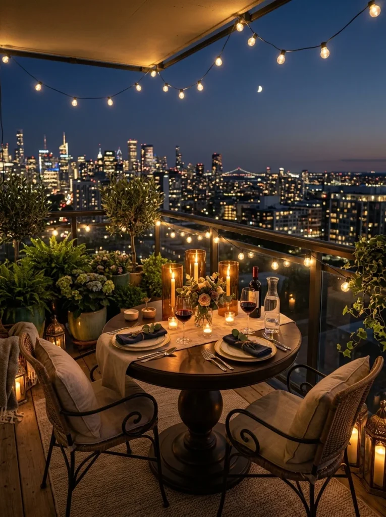 Cozy balcony dining setup for two with a round table, candles, and warm lighting.