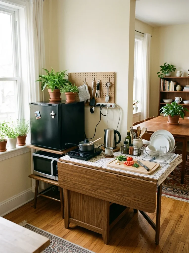 Temporary kitchen with microwave, mini fridge, and portable cooktop during renovation.