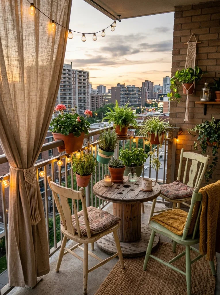 Budget-friendly apartment balcony with DIY furniture and plants.