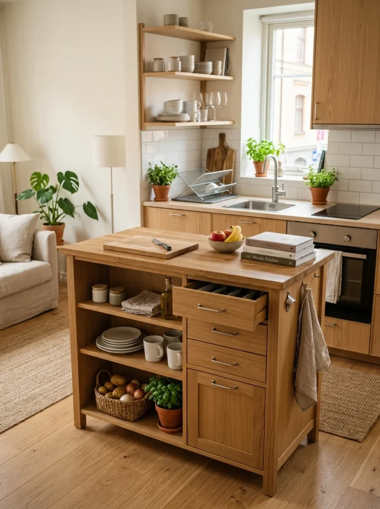 Compact kitchen island offering extra storage and workspace.