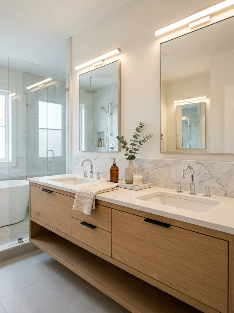 Bathroom vanity illuminated with comfortable warm neutral white lighting.
