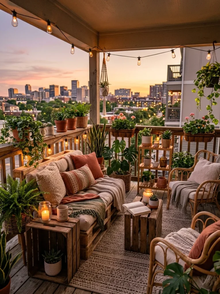 Finished apartment balcony transformed into a relaxing outdoor retreat.