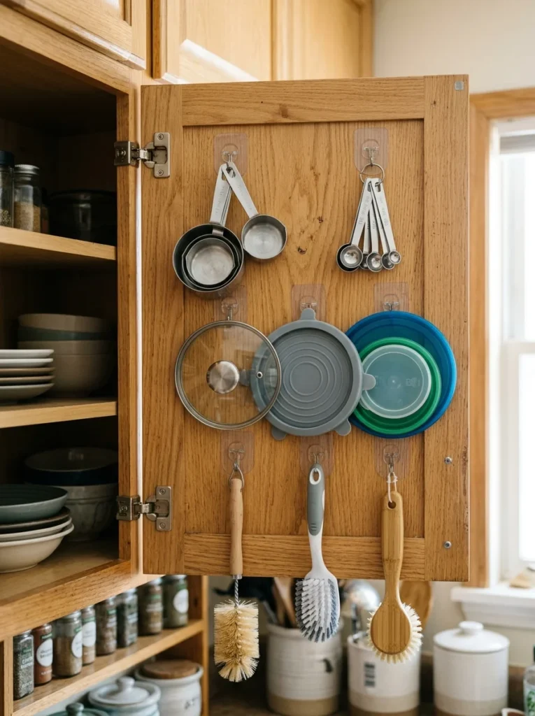 Cabinet door hooks organizing kitchen accessories neatly.