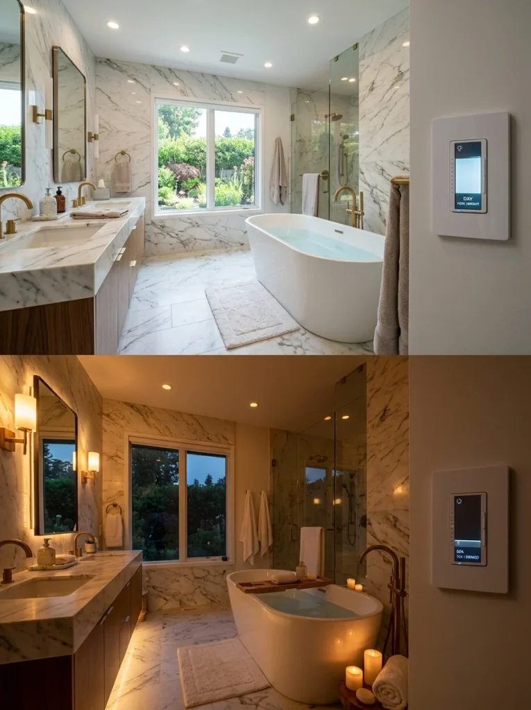 Bathroom lighting adjusted with dimmers for bright and relaxing settings.
