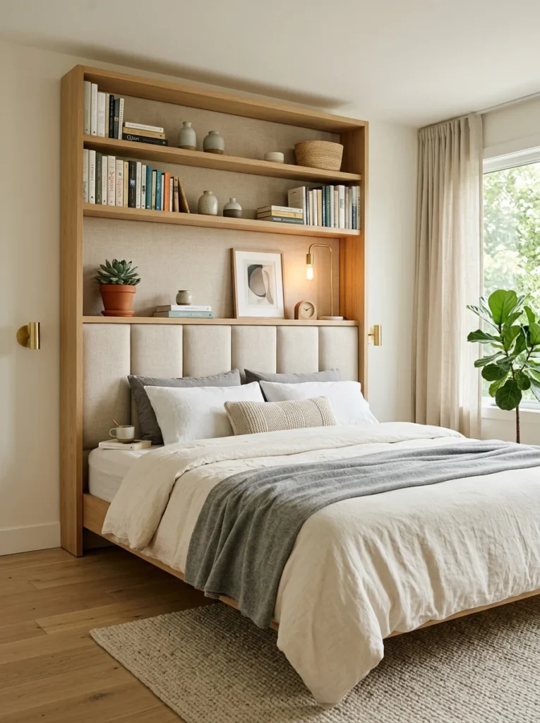 Modern headboard featuring integrated shelving for bedside storage.