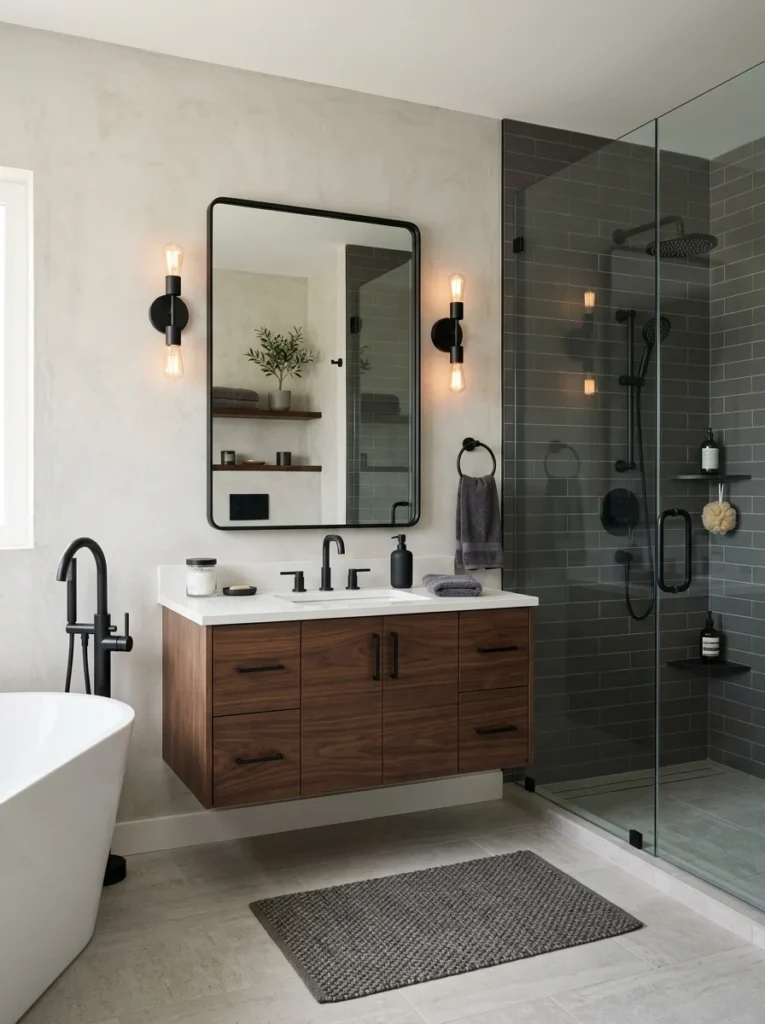 Bathroom featuring coordinated matte black lighting fixtures and hardware.