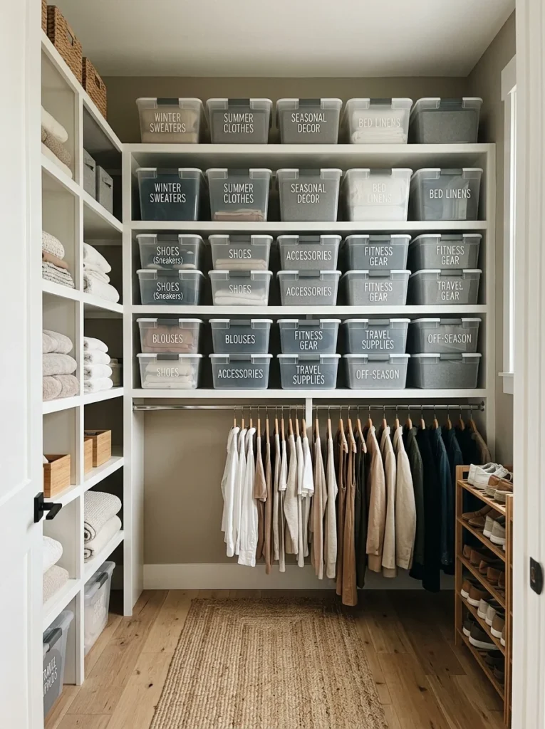 Labeled stackable bins maximizing closet organization.