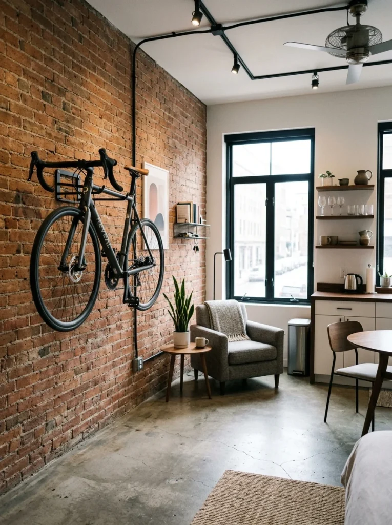 Bicycle stored on a wall-mounted rack inside a studio apartment.