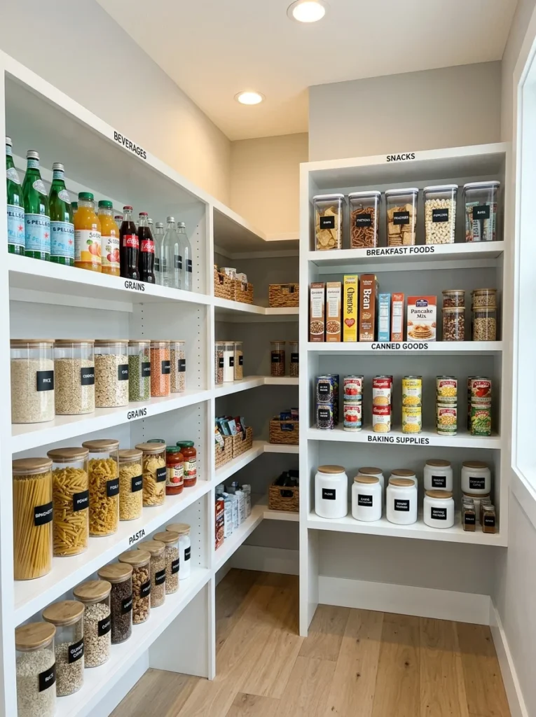 Pantry shelves divided into labeled sections for snacks, baking supplies, canned goods, and grains.