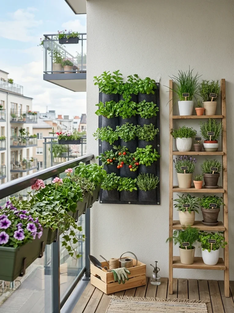 Comparison of railing planters, wall-mounted garden pockets, and ladder shelves for balcony gardening.