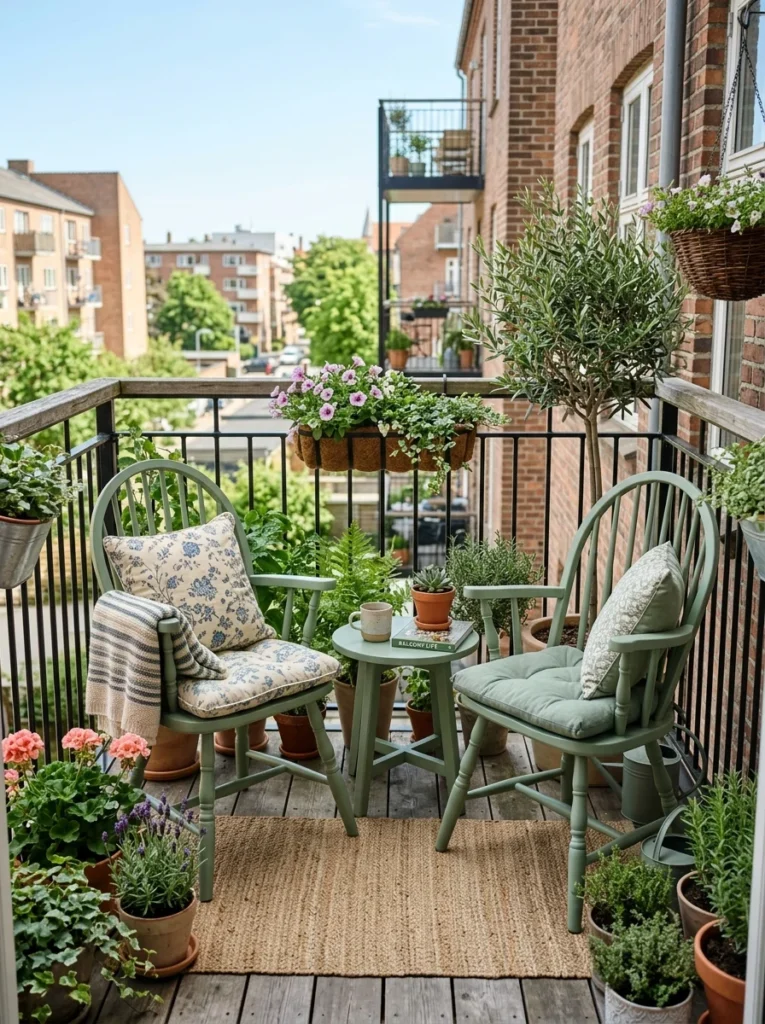 Refinished secondhand wooden chairs on a cozy apartment balcony.