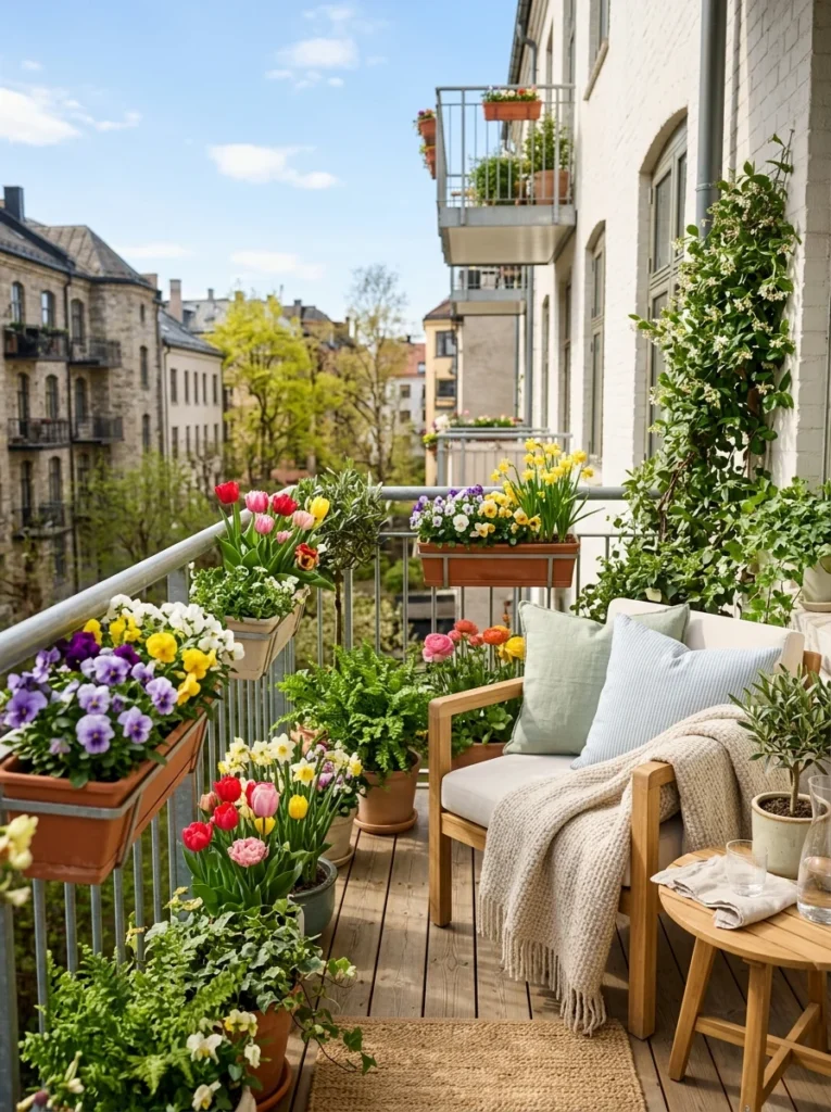 Small balcony refreshed with spring flowers, pastel cushions, and fresh seasonal decor.