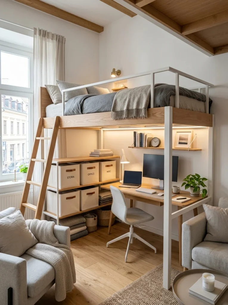 Loft bed creating extra living and storage space in a small studio apartment.