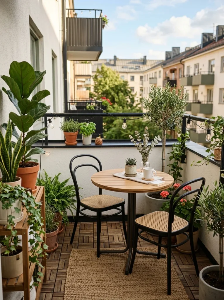 Round bistro table maximizing space on a compact apartment balcony.