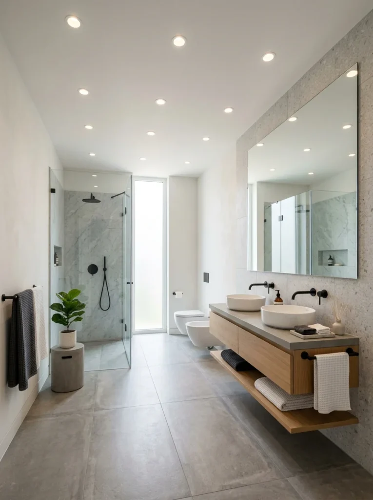 Modern bathroom illuminated with recessed ceiling lights for balanced ambient lighting.
