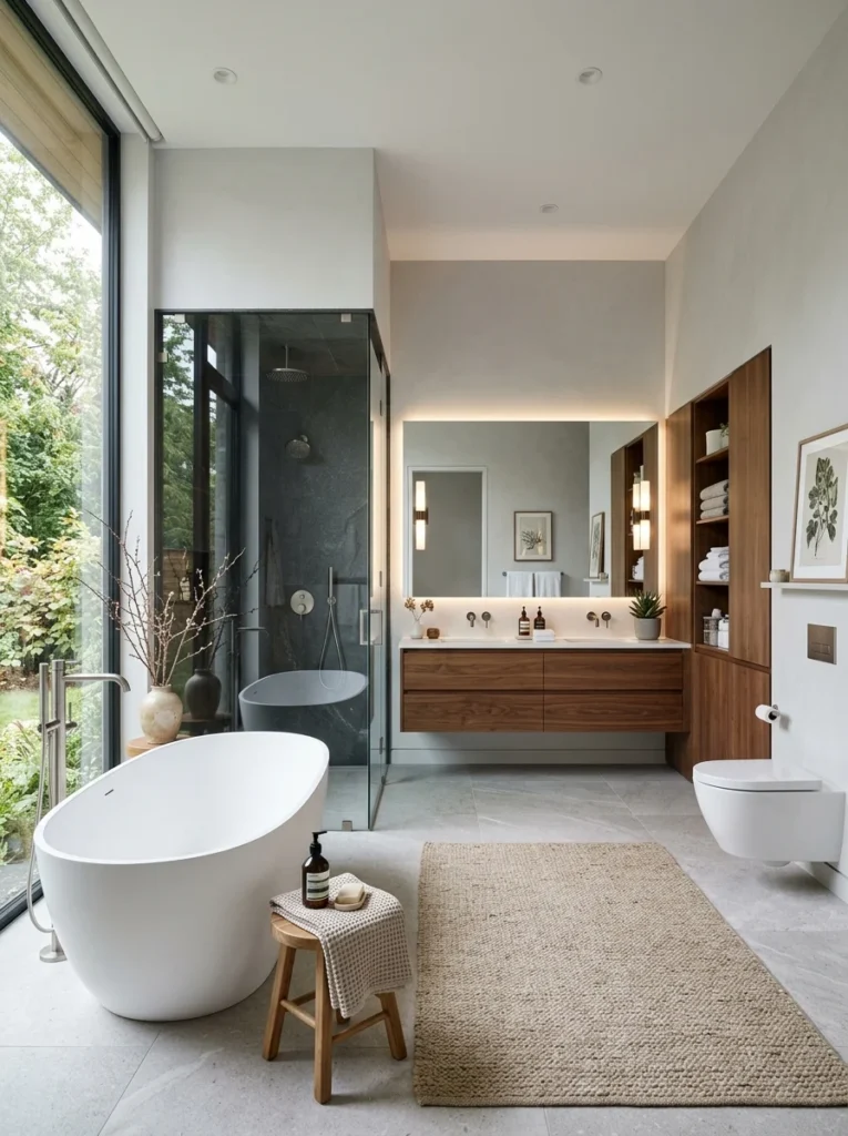 Contemporary full bathroom featuring a shower, bathtub, toilet, and vanity sink.