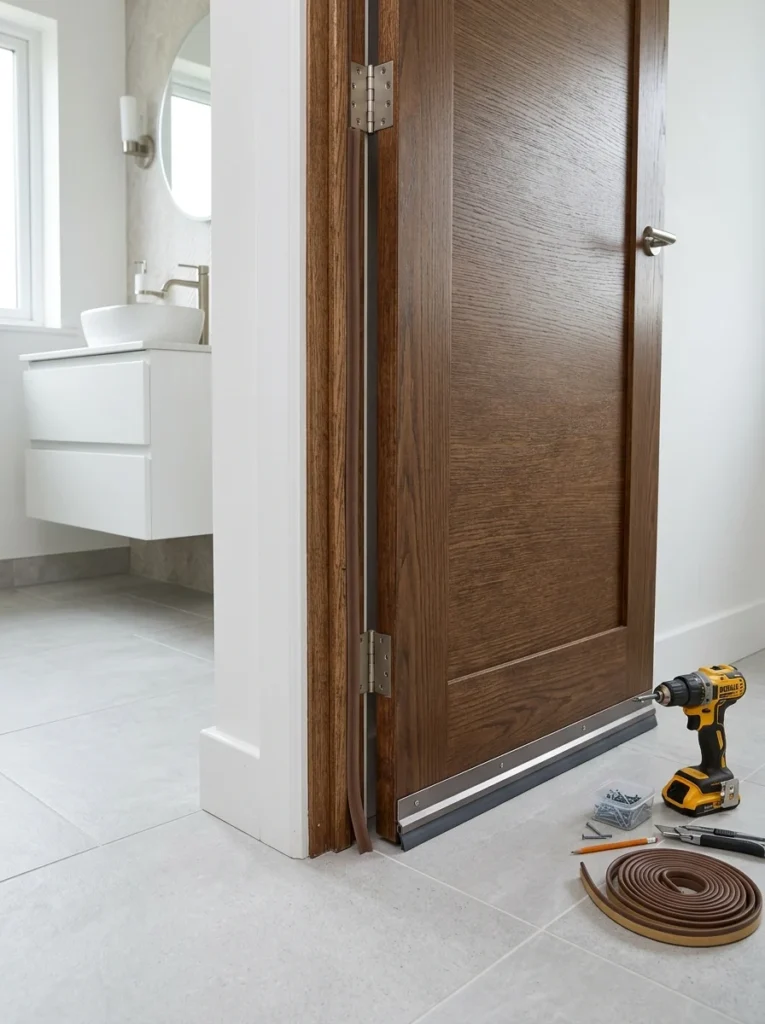 Solid-core bathroom door with weatherstripping and door sweep installed to reduce sound leakage.