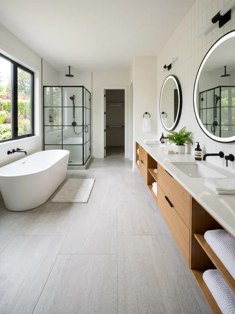 Large bathroom showing enough clearance around a spacious double vanity.