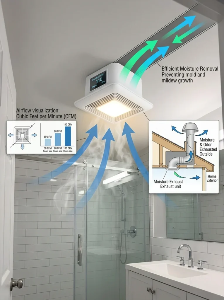 Bathroom exhaust fan illustrating airflow and CFM performance.