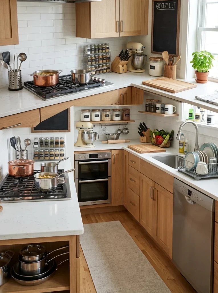 Kitchen cabinets organized into cooking, baking, and cleaning zones for daily efficiency.