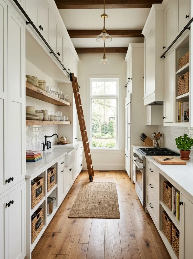 Galley kitchen with ceiling-height cabinets and open shelves maximizing storage space.