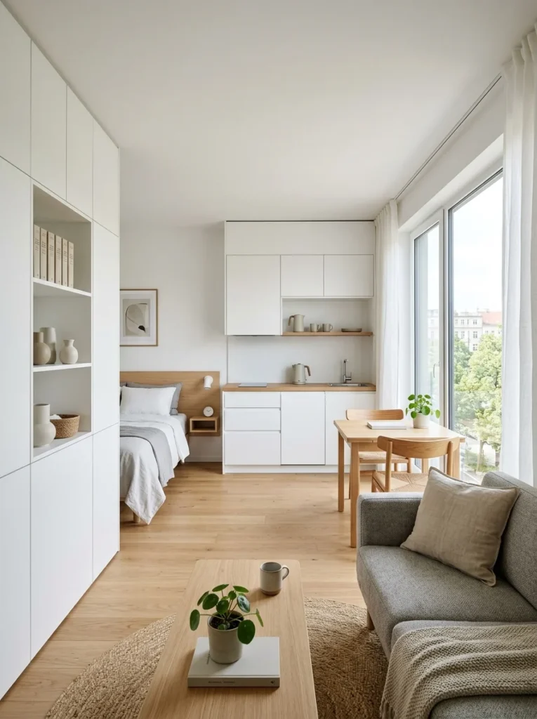 Every household item stored in a designated place inside a tidy apartment.