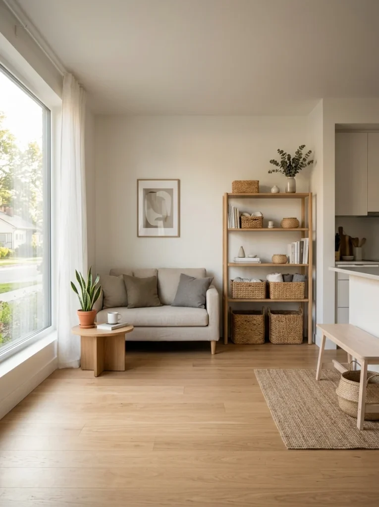 Organized minimalist apartment showing the benefits of decluttering.