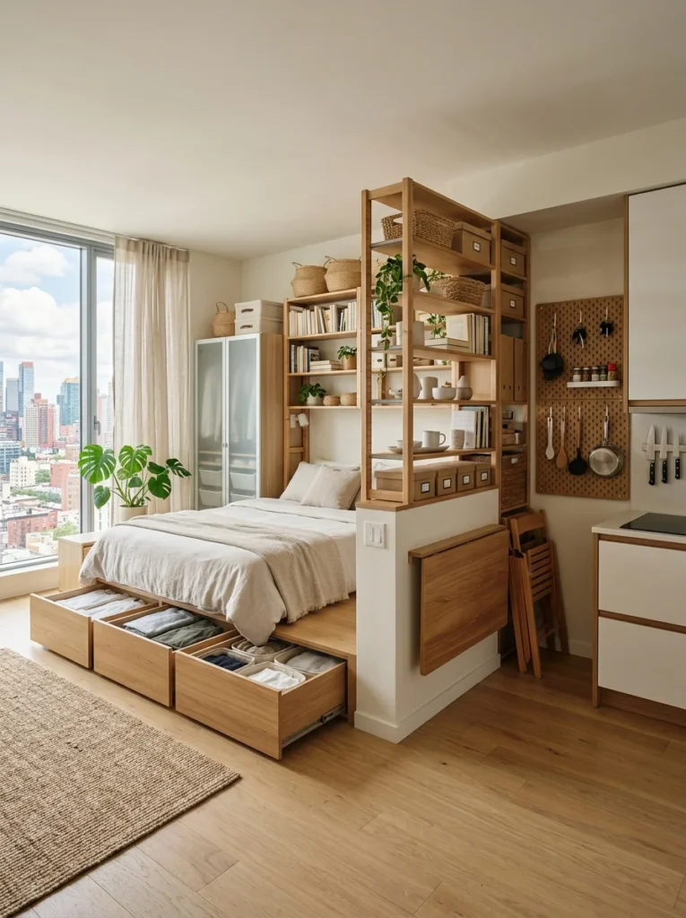 Compact apartment featuring multiple smart storage ideas.