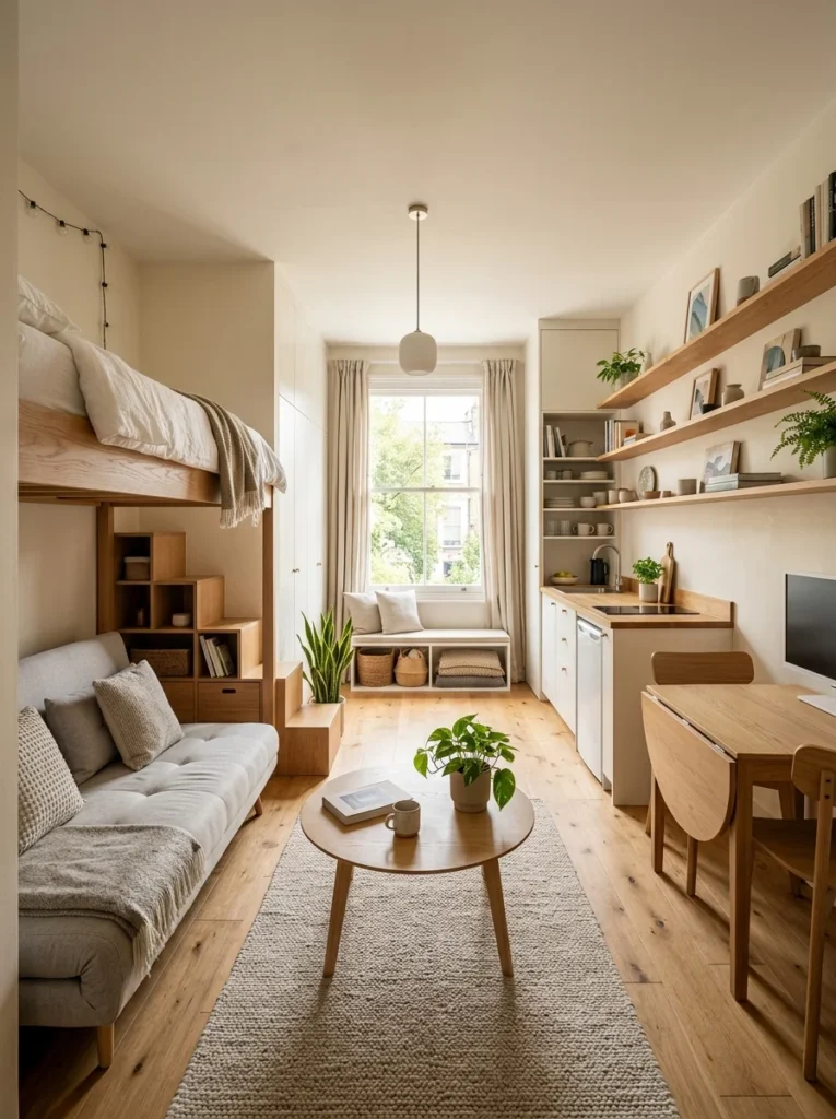 Bright organized studio apartment maximizing every inch of available space.