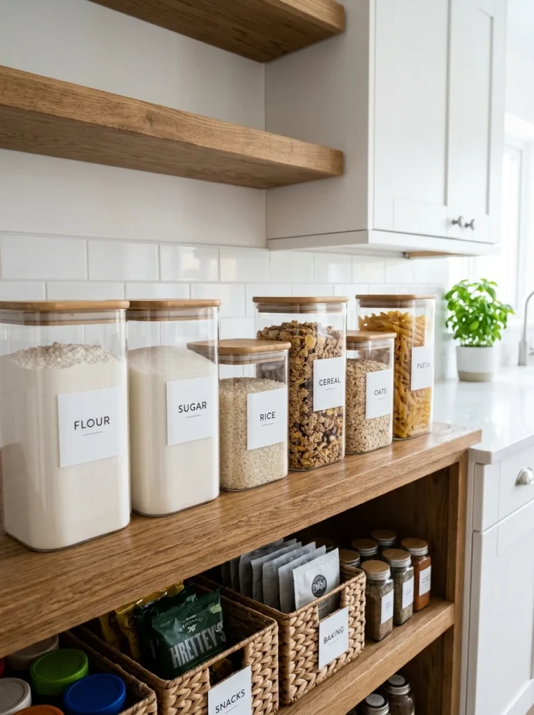 Matching clear airtight containers filled with flour, rice, pasta, cereal, and sugar.