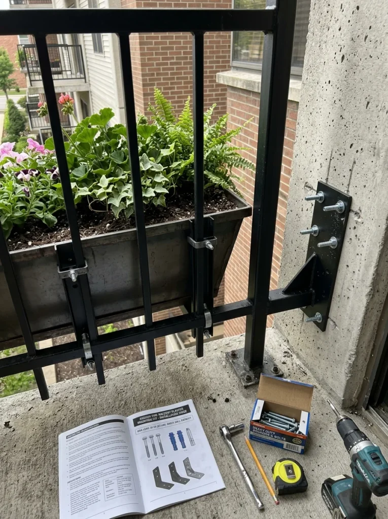 Balcony planter installation showing secure wall anchors and weight limit inspection.