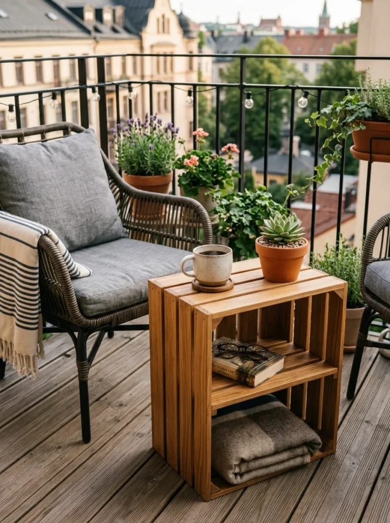 Homemade wooden crate table for a small apartment balcony.