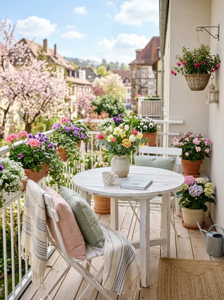 Spring balcony featuring pastel cushions, fresh flowers, and colorful seasonal planters.