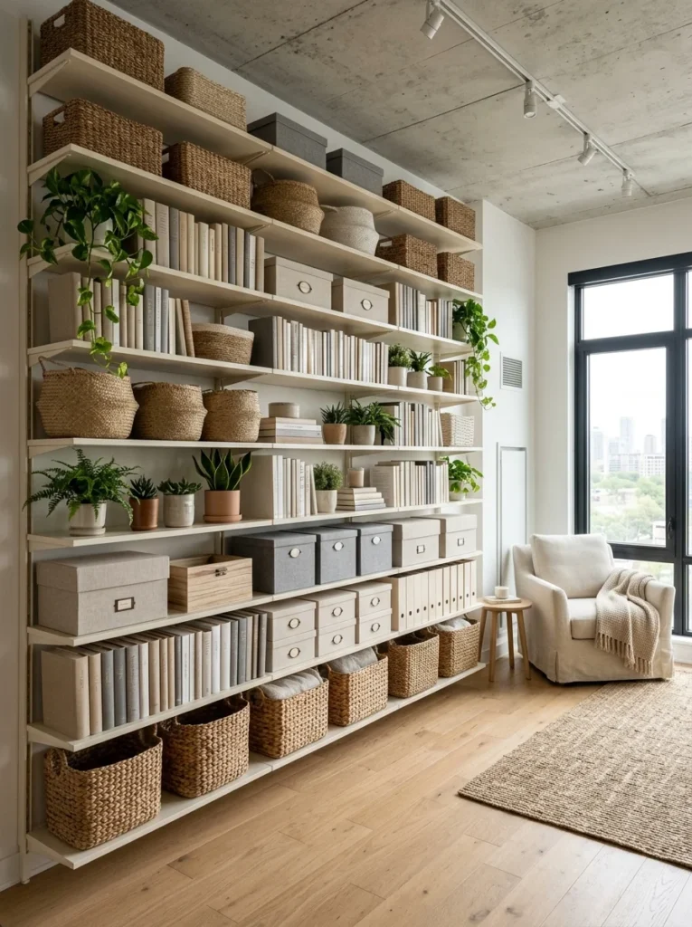 Tall wall shelving maximizing vertical storage in a compact apartment.