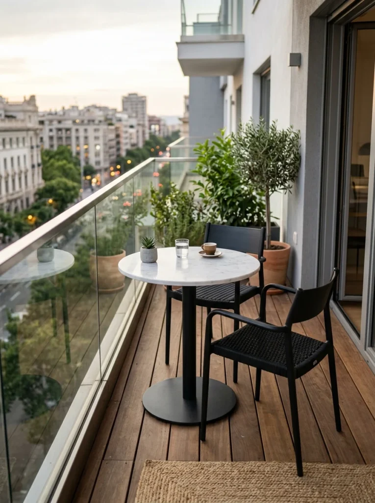 Round pedestal table providing extra legroom in a small balcony dining area.