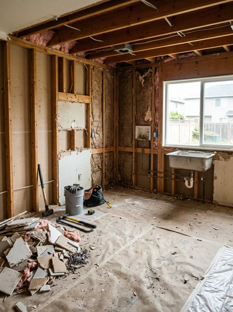 Old kitchen stripped down during demolition before renovation begins.