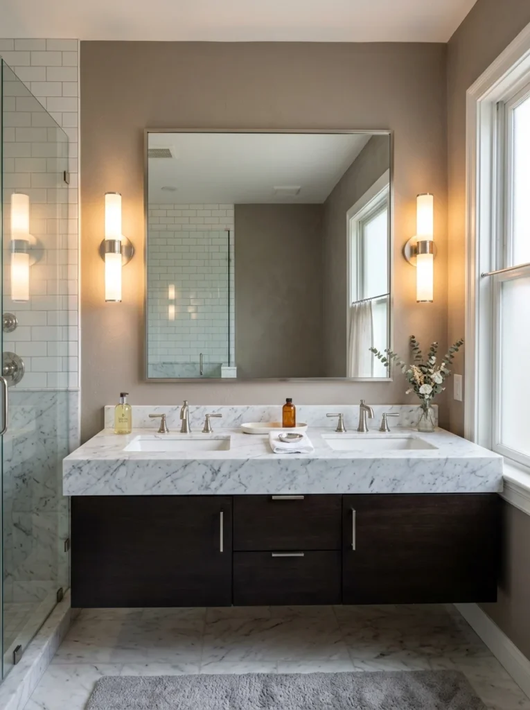 Bathroom vanity with side sconces providing even lighting for grooming and makeup.