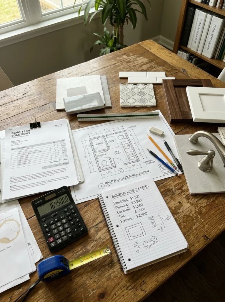 Bathroom renovation budget documents comparing the cost of adding a half bath versus a full bath.