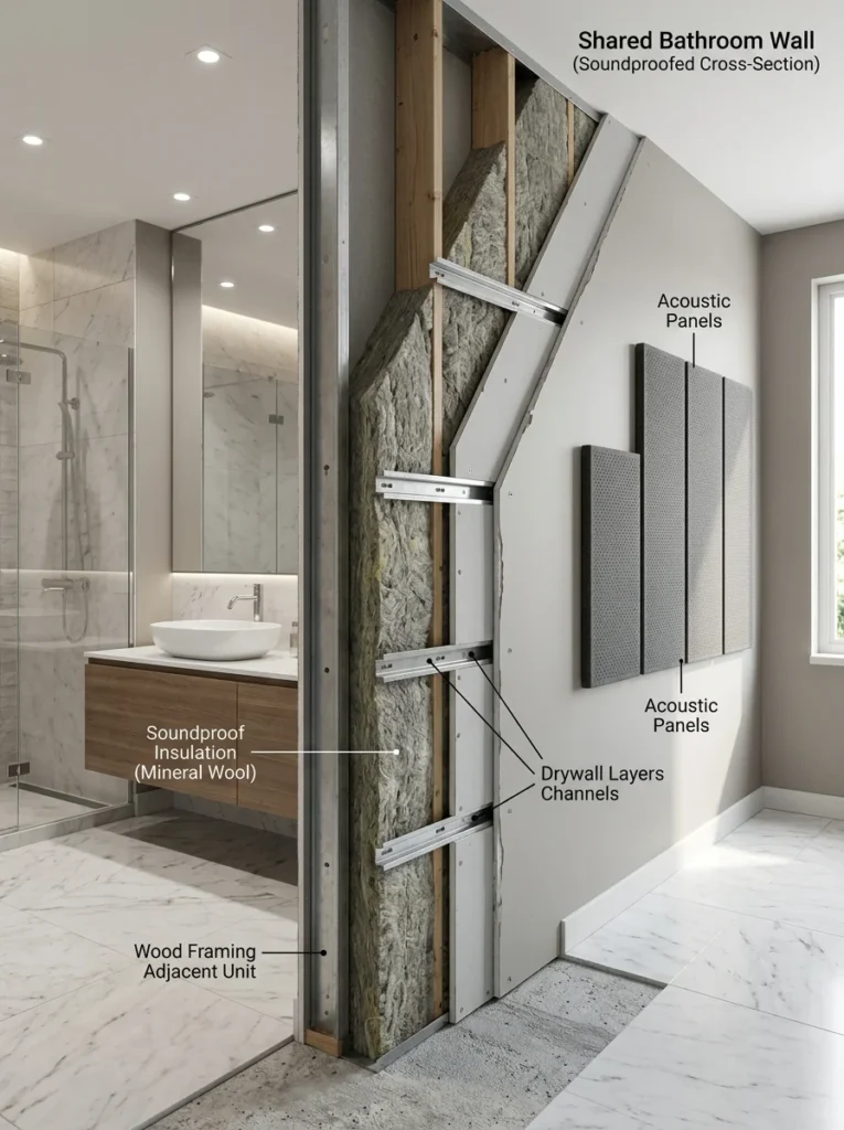 Bathroom wall upgraded with insulation and acoustic materials to reduce sound transmission.