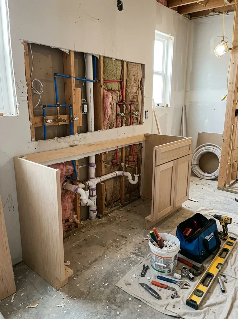 Bathroom renovation displaying plumbing connections for a double vanity installation.