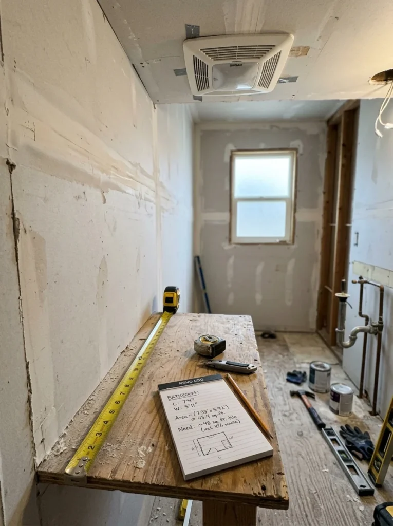 Measuring bathroom dimensions to calculate the correct exhaust fan CFM.