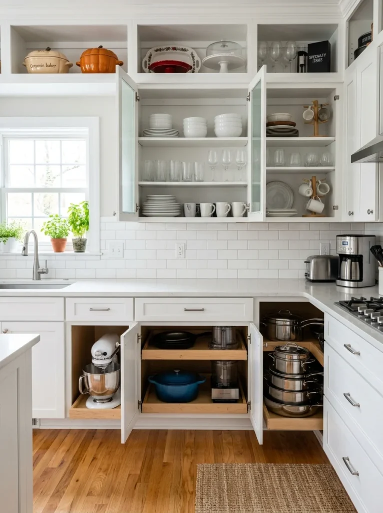 Kitchen cabinets arranged with everyday essentials within easy reach and seasonal items stored higher.