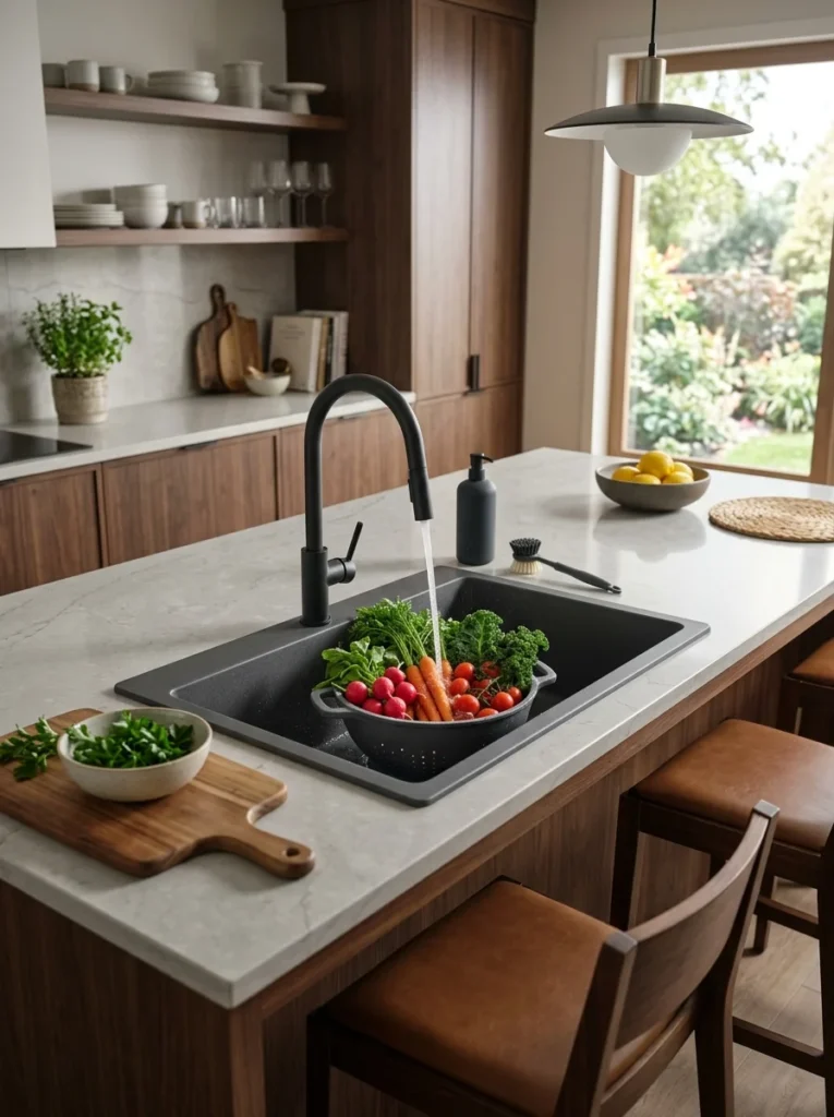 Dark granite composite kitchen sink installed in a modern kitchen with a matte black faucet.