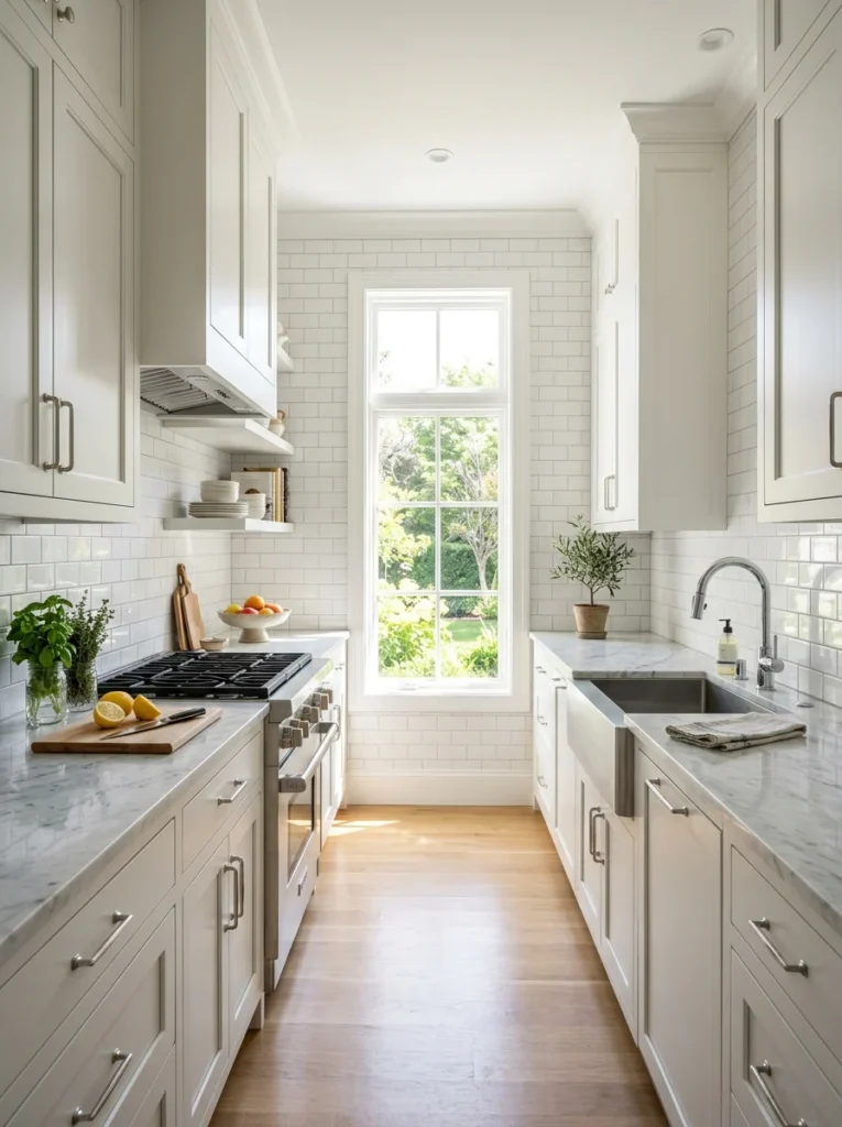 Light-colored galley kitchen with reflective backsplash creating a spacious feel.