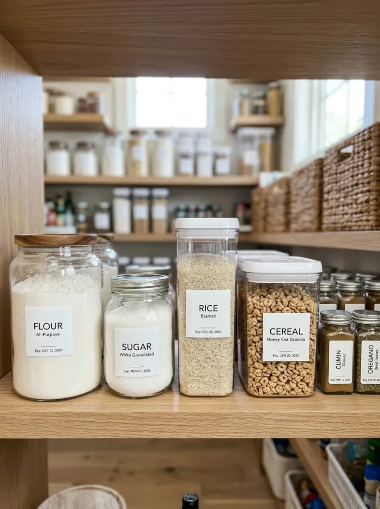 Pantry containers labeled with food names and expiration dates for easy identification.