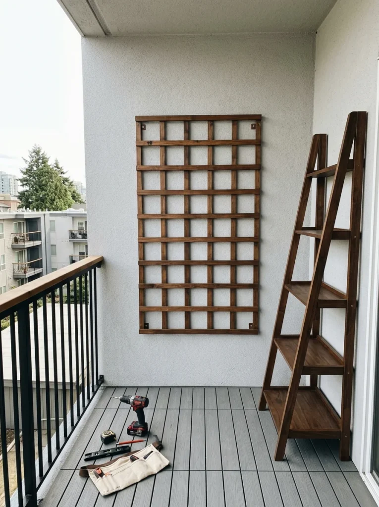 Empty vertical gardening frame securely installed on a balcony before adding plants.