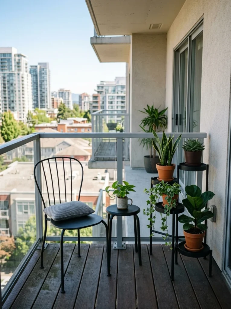 Spray-painted balcony furniture creating a coordinated outdoor space.